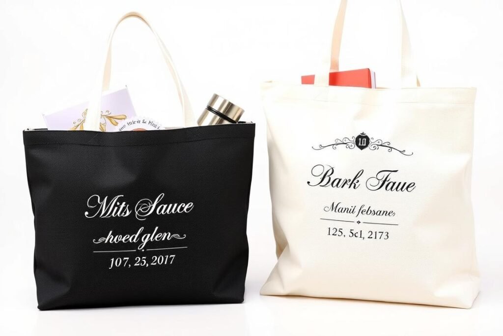 Personalized reusable tote bags as wedding gifts for guests