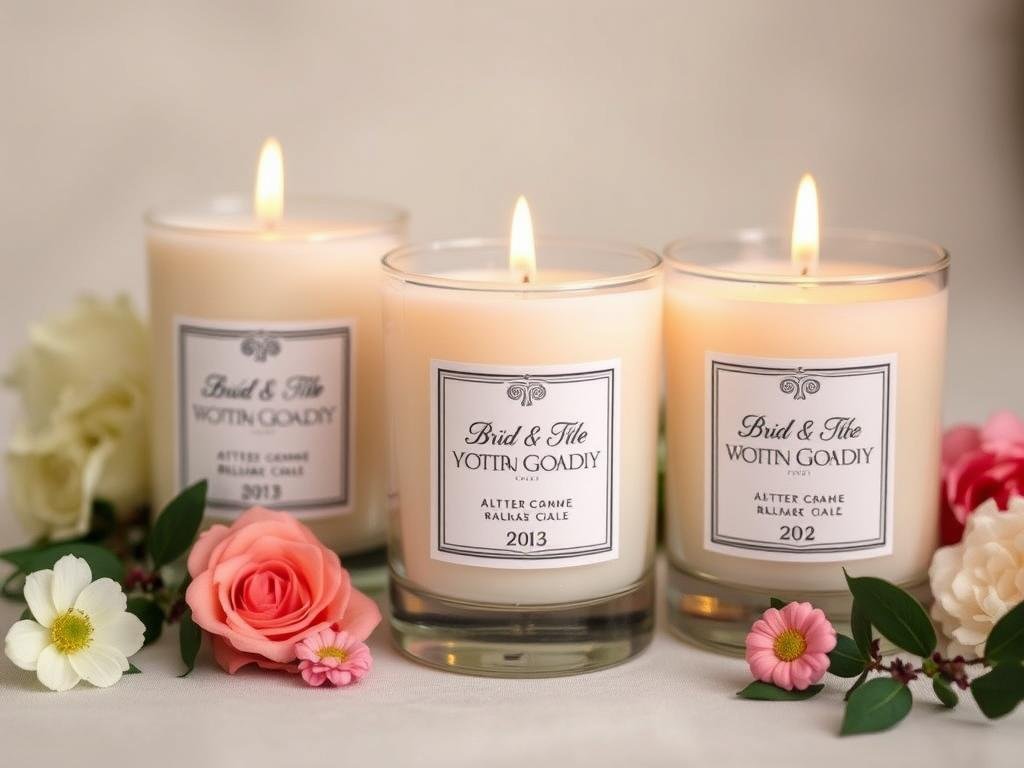 Personalized scented candles as wedding gifts for guests with custom labels