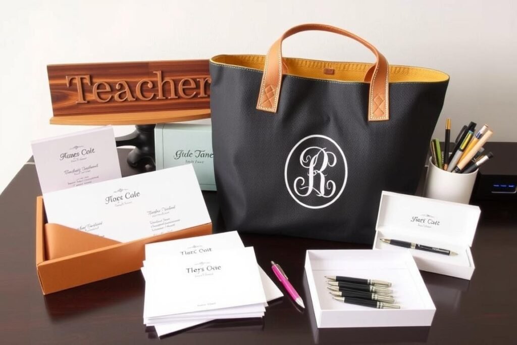 Personalized teacher appreciation gifts including a custom nameplate and monogrammed items