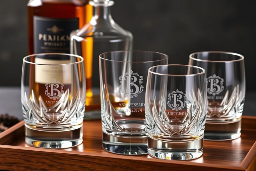 Personalized whiskey decanter set with engraved glasses