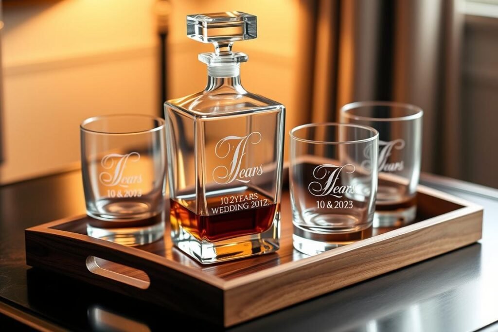 Personalized whiskey decanter set with engraved glasses for 10 year anniversary gift for him