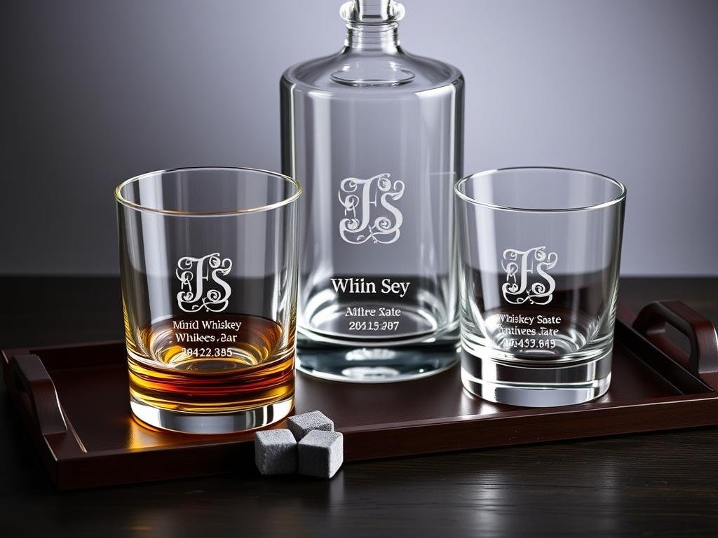 Personalized whiskey decanter set with engraved glasses for anniversary gift