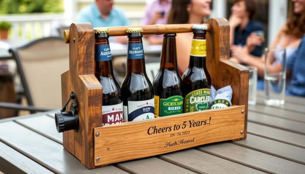 Personalized wooden beer caddy for 5 year anniversary gift ideas for him