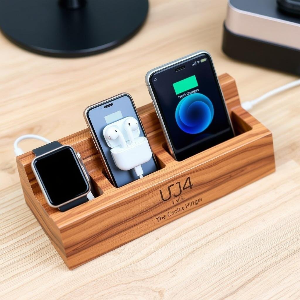 Personalized wooden charging station with multiple devices creative gift ideas