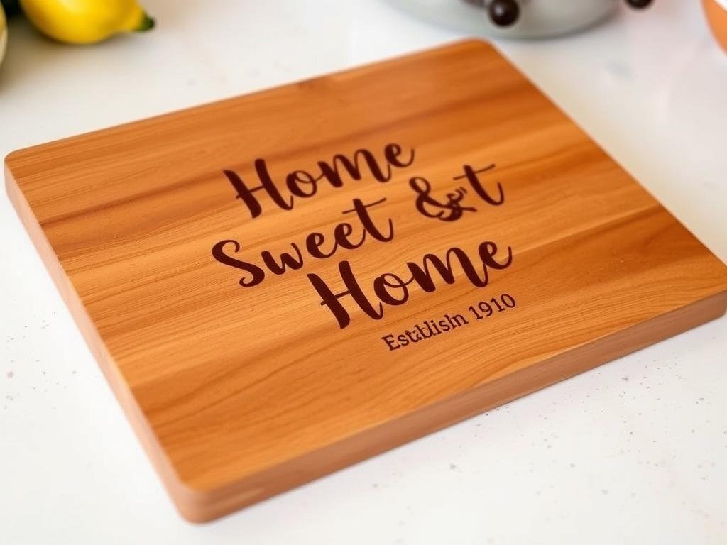 Personalized wooden cutting board with 'Home Sweet Home' engraving for housewarming gift ideas