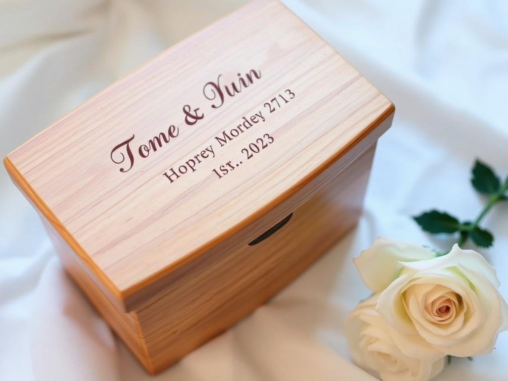 Personalized wooden wedding keepsake box with the couple's names and wedding date engraved on the lid