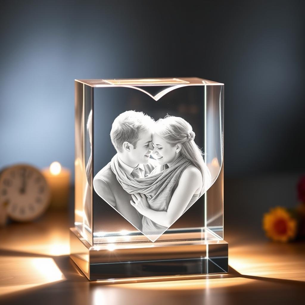 Photo crystal with 3D laser-etched image for anniversary gifts for her
