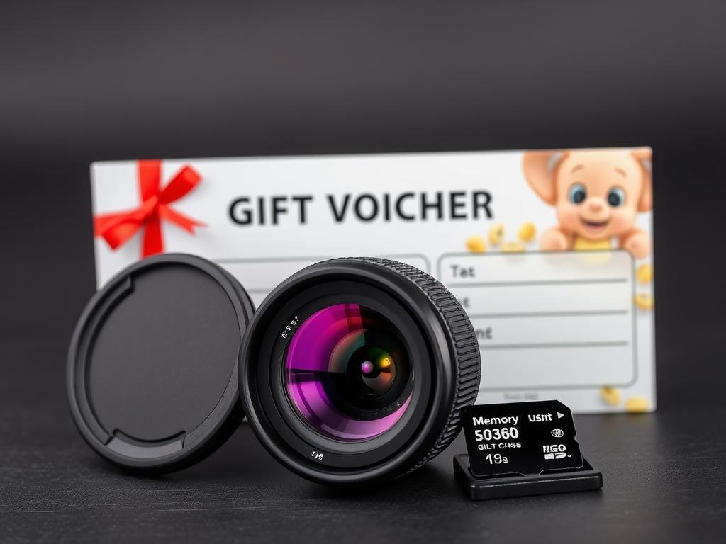 Photography class gift voucher with camera accessory, educational gift idea for women