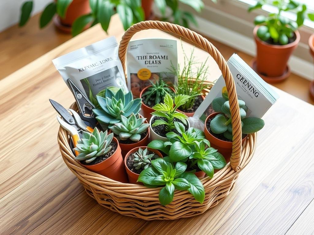 Plant lover's housewarming gift basket with small potted plants and gardening tools