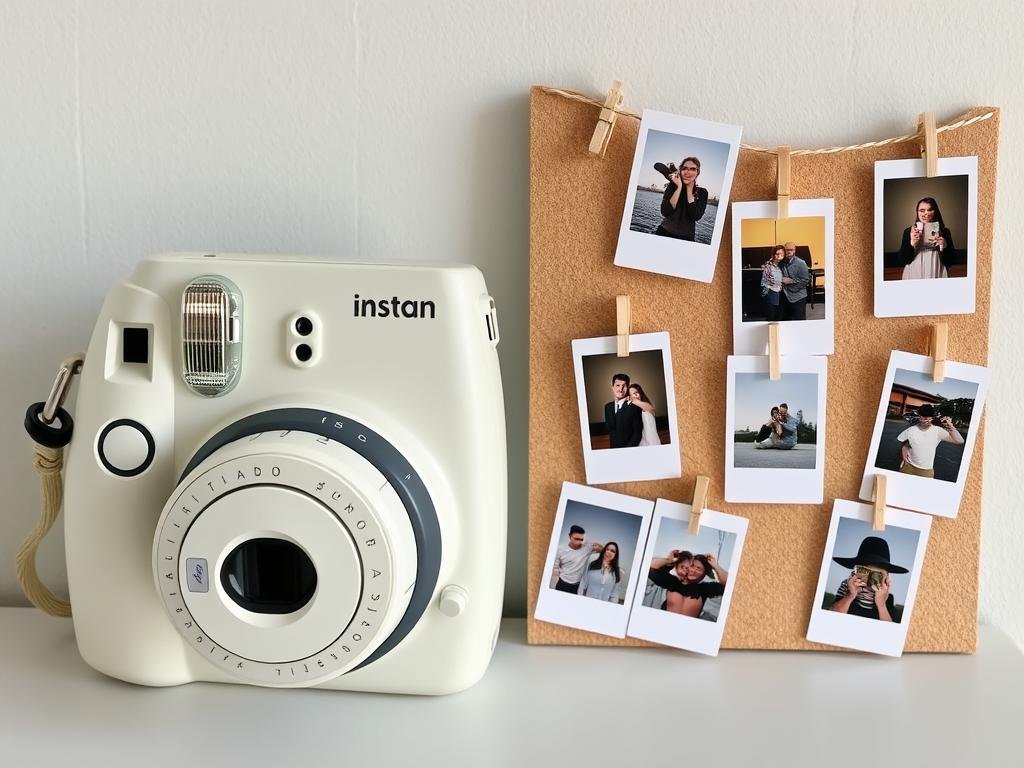 Polaroid-style instant camera with printed photos displayed in a creative arrangement