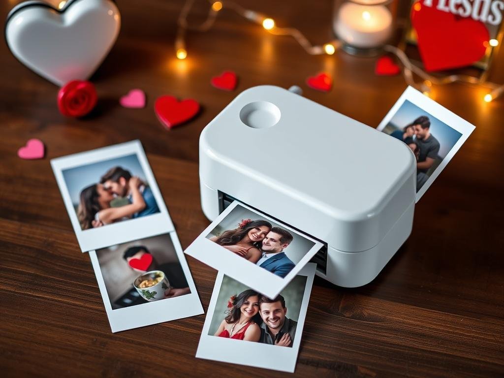 Portable instant photo printer with printed couple photos as valentines gift for girlfriend