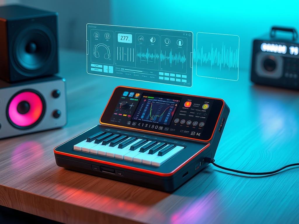 Portable music production studio with holographic interface for trendy gifts in 2026