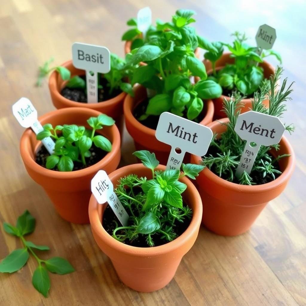 Potted herbs with decorative markers as small gifts for neighbors