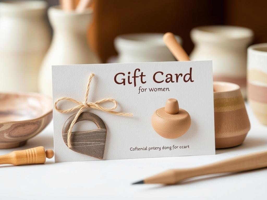 Pottery workshop gift card with small clay creation, artistic gift idea for women