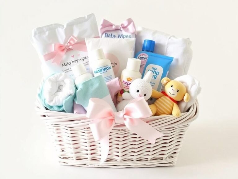 Practical baby shower gifts arranged in a basket including diapers, wipes, and baby care essentials