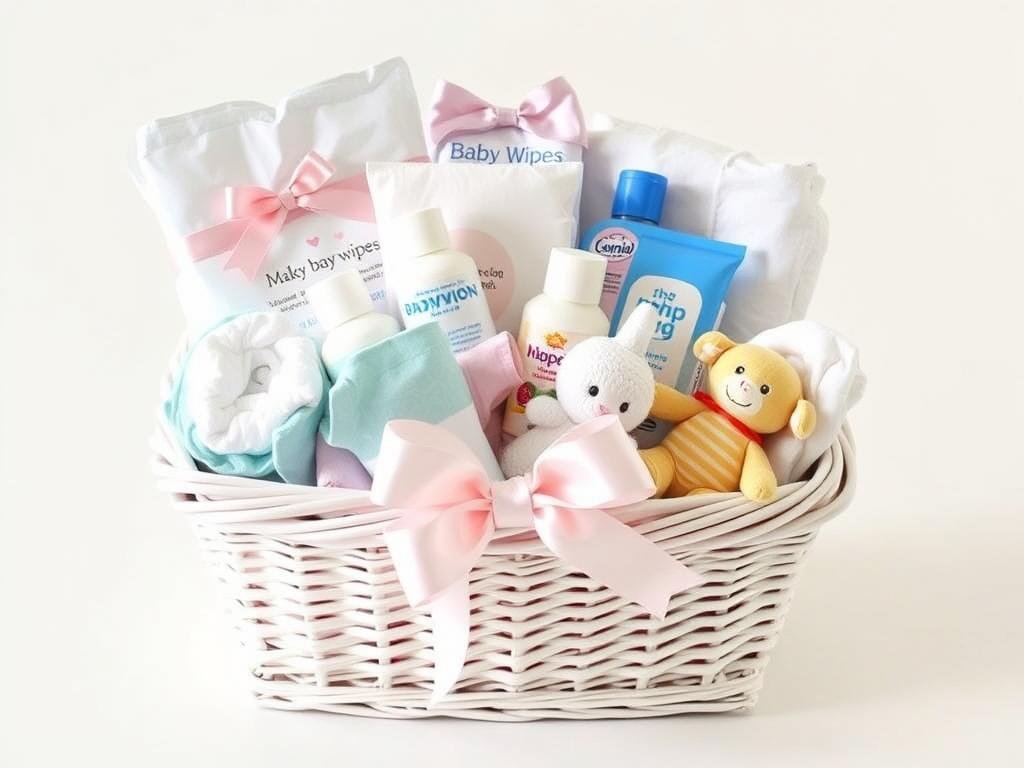 Practical baby shower gifts arranged in a basket including diapers, wipes, and baby care essentials