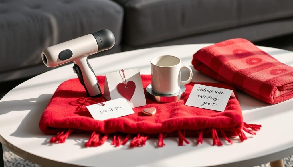 Practical last minute valentines gifts including a massage gun, coffee mug warmer, and cozy blanket arranged on a table