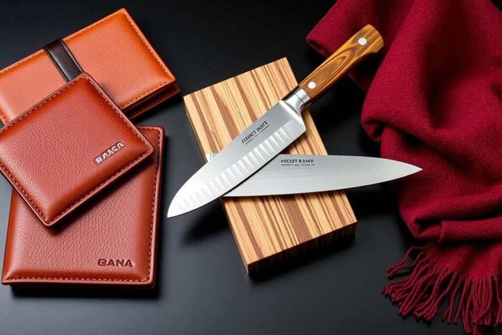 Practical luxury gifts including a high-quality leather wallet, premium kitchen knife, and cashmere scarf