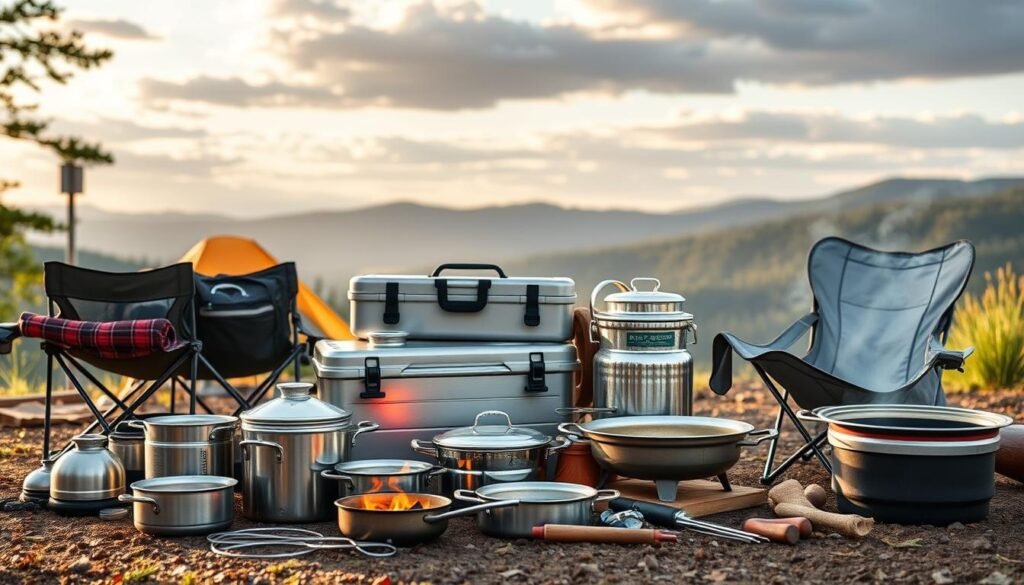 Premium aluminum camping gear arranged outdoors for 10 year anniversary gift for him