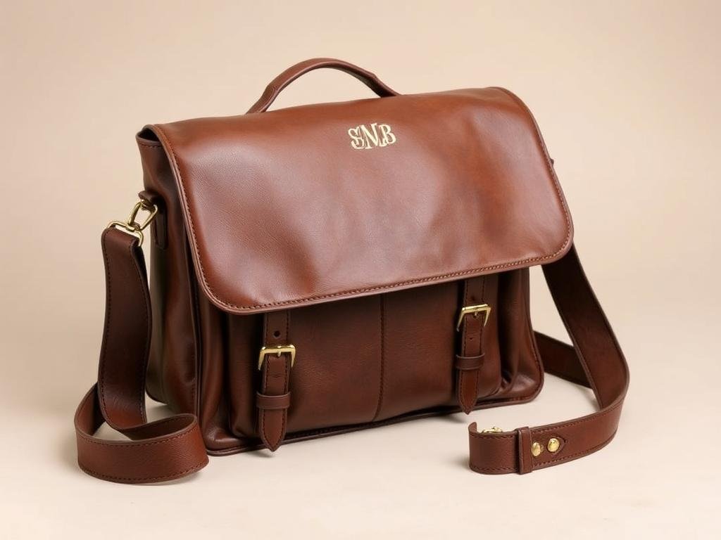 Premium leather messenger bag with monogram for anniversary gift