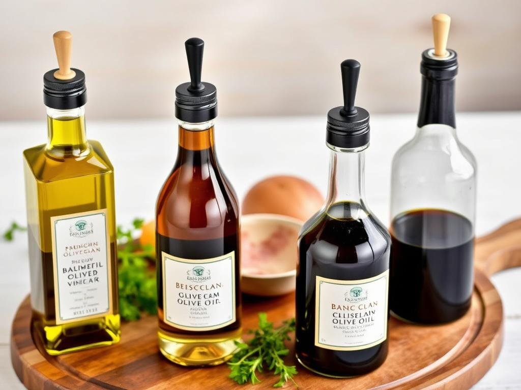 Premium olive oil and vinegar set in decorative bottles for housewarming gift ideas