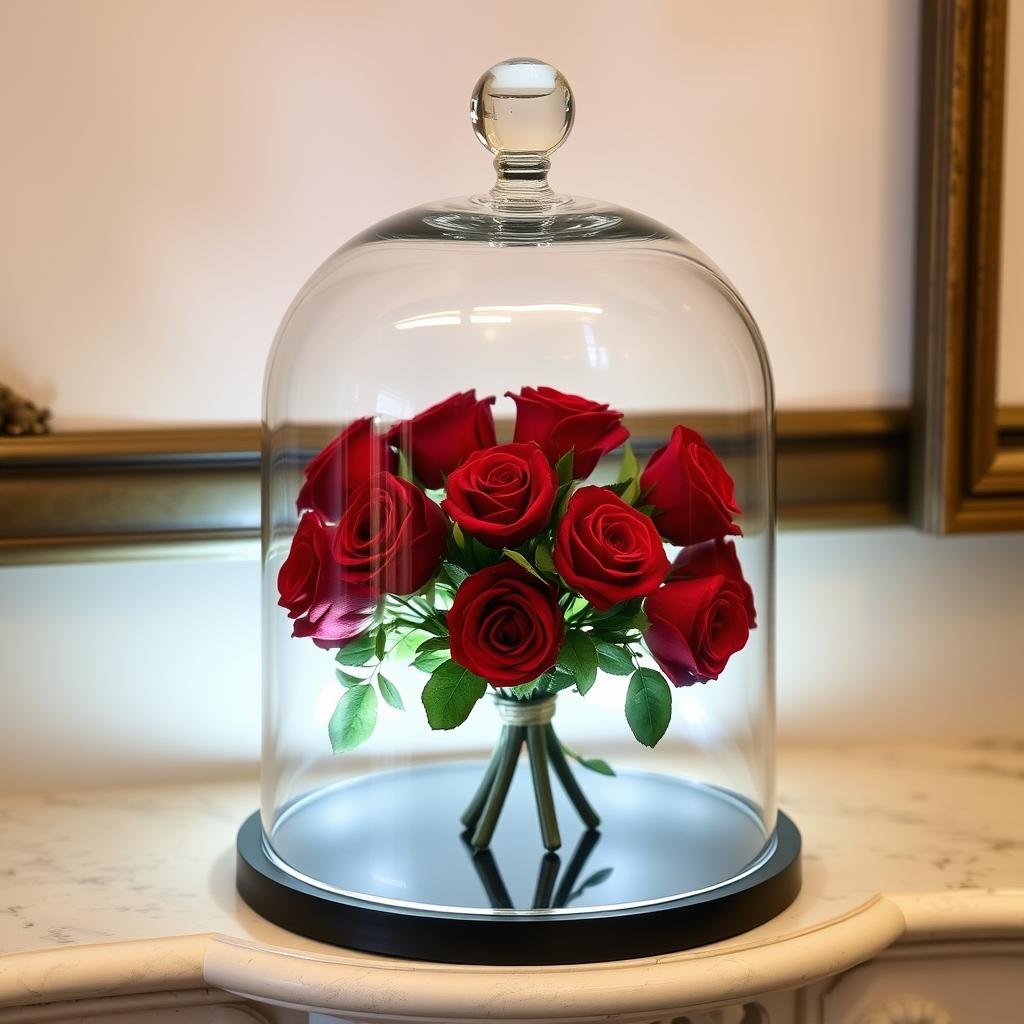 Preserved rose arrangement in a glass dome for anniversary gift ideas