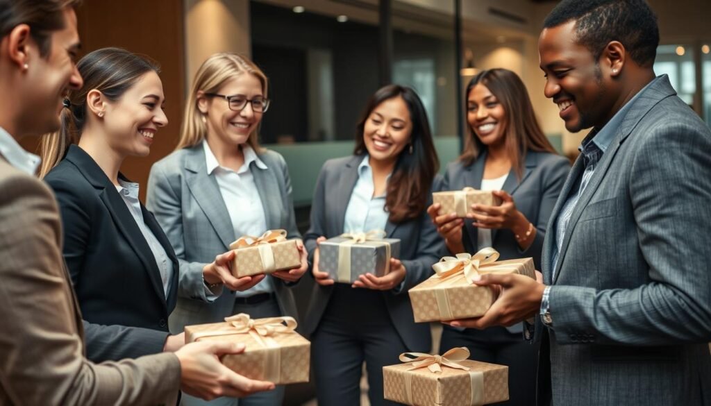 Professional gift exchange in office setting with wrapped presents