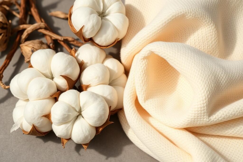 Raw cotton bolls and woven cotton fabric representing the 2nd anniversary symbol