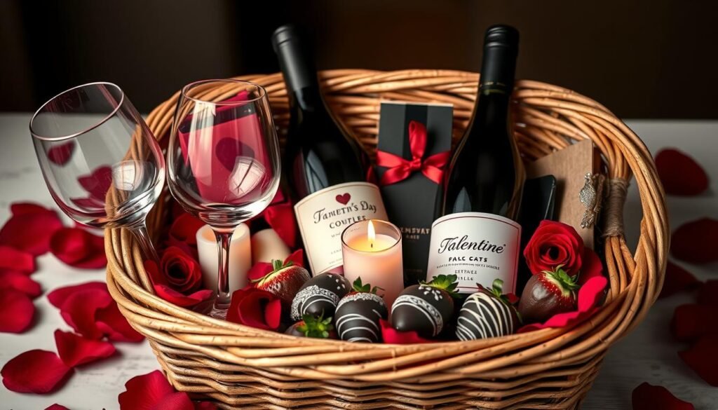Romantic Valentine's Day evening basket for him with wine, candles, and intimate items