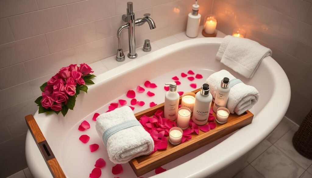 Romantic home spa setup with candles and bath products - romantic valentines gift ideas