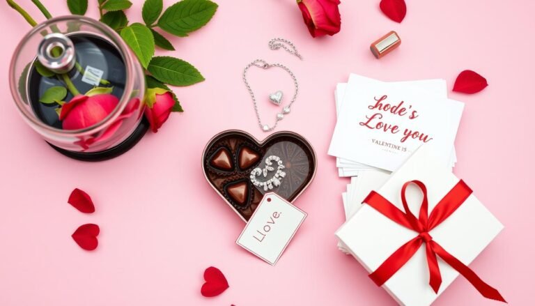 Romantic last minute valentines gifts including preserved roses, heart-shaped jewelry, and love message cards arranged on a pink background