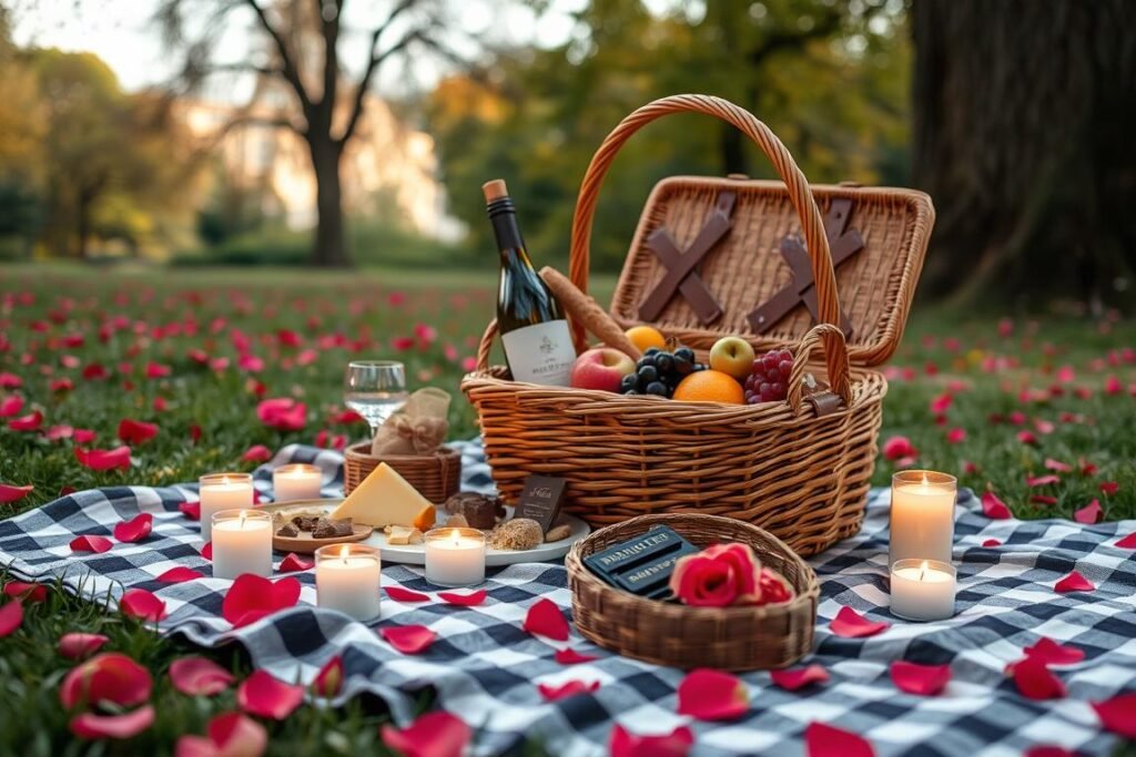 Romantic picnic setup in park with blanket and basket - cute valentines gifts