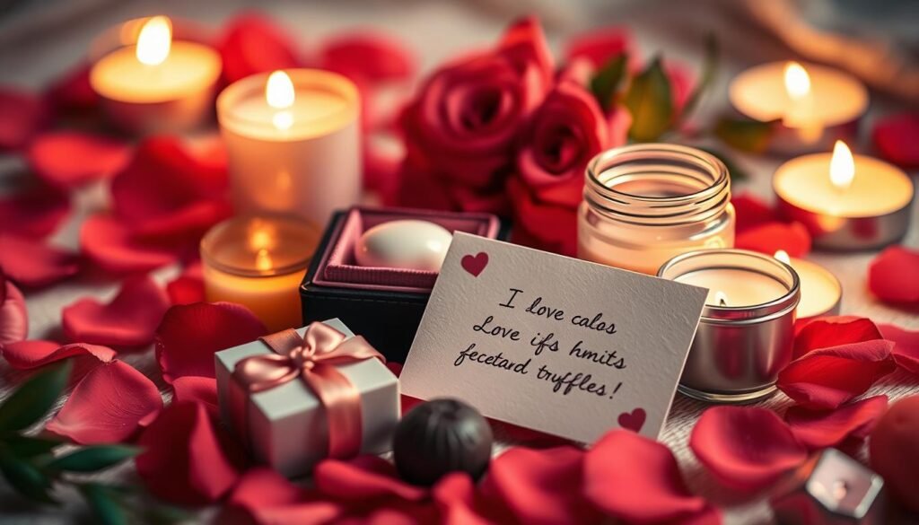 Romantic small gifts arranged with rose petals and candles