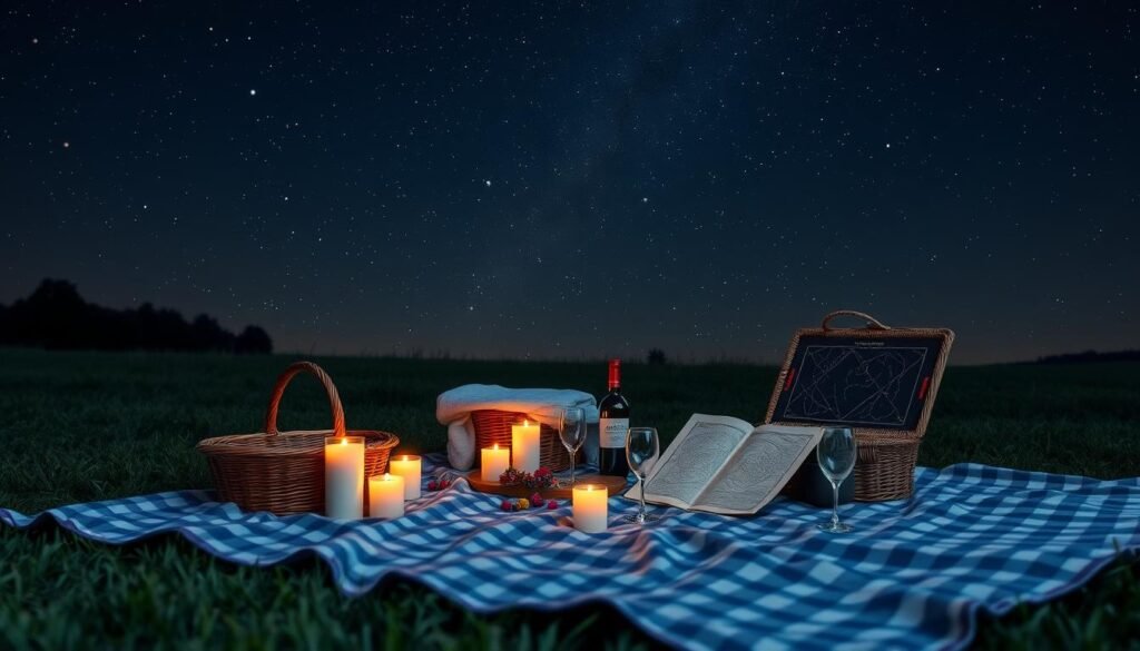Romantic stargazing picnic setup for anniversary celebration