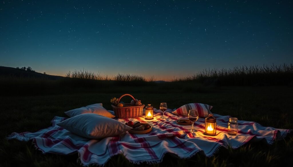Romantic stargazing picnic setup with blankets and treats - romantic valentines gift ideas
