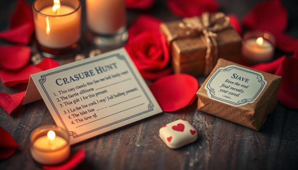 Romantic treasure hunt with clues leading to gifts for boyfriend