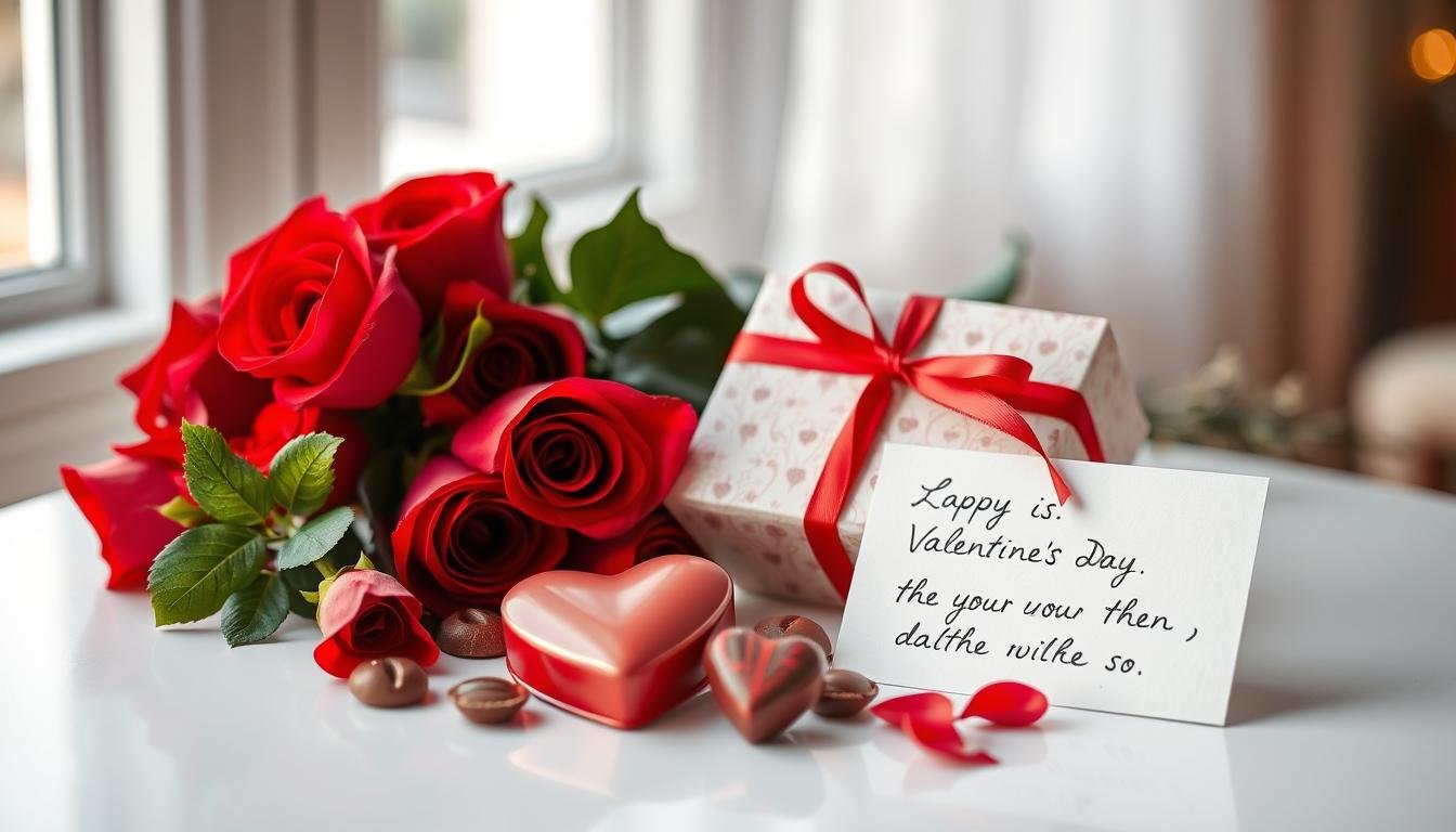 Romantic valentine gifts arranged beautifully with roses, chocolates, and a handwritten card
