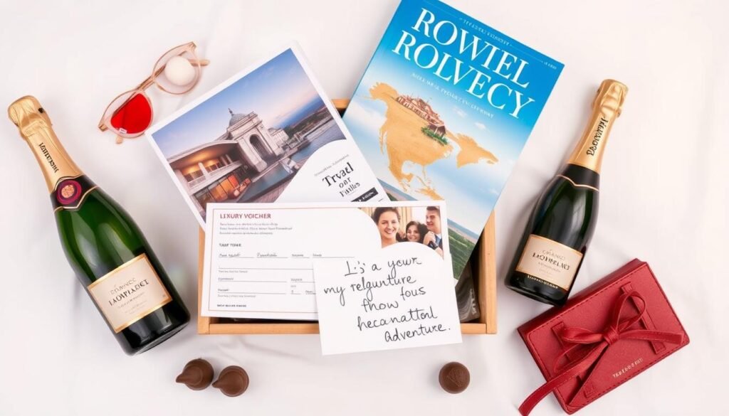 Romantic weekend getaway package with hotel voucher and travel accessories