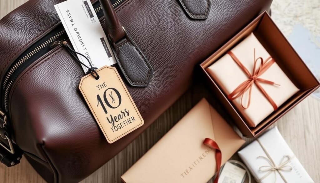 Romantic weekend getaway setup with travel essentials as a 10 year anniversary gift for him
