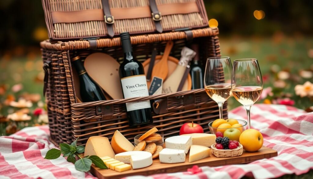 Romantic wine and cheese picnic hamper setup - romantic valentines gift ideas