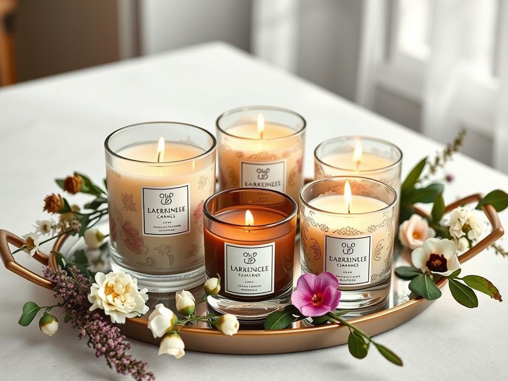 Scented candle set in decorative containers, atmospheric gift idea for women
