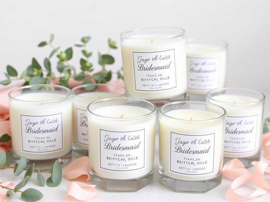 Scented candles with personalized labels for bridesmaids