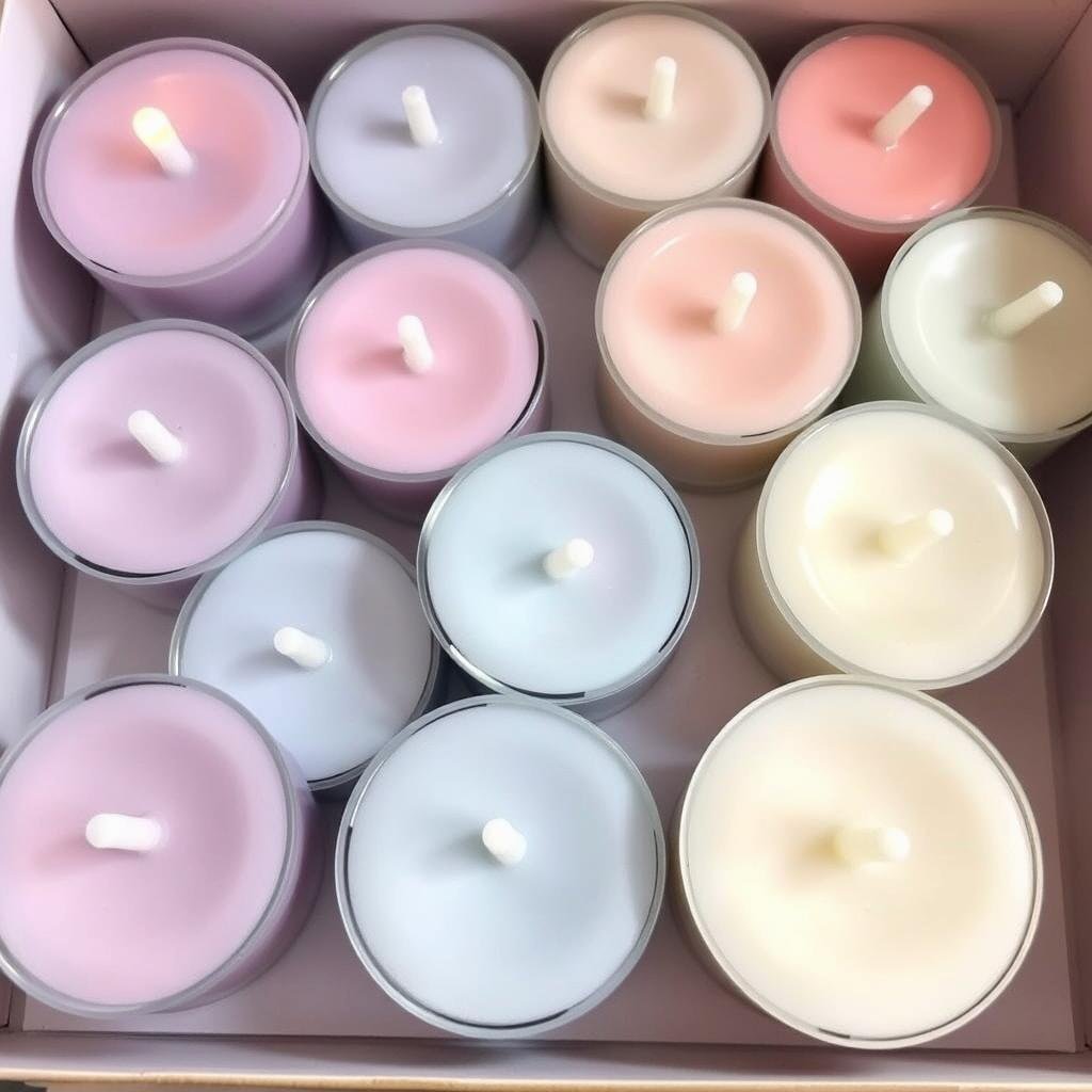 Scented tea light candles in various colors arranged in a gift box