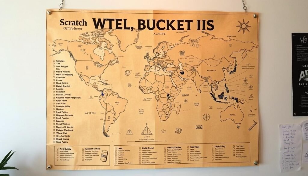 Scratch-off adventure bucket list poster with world map