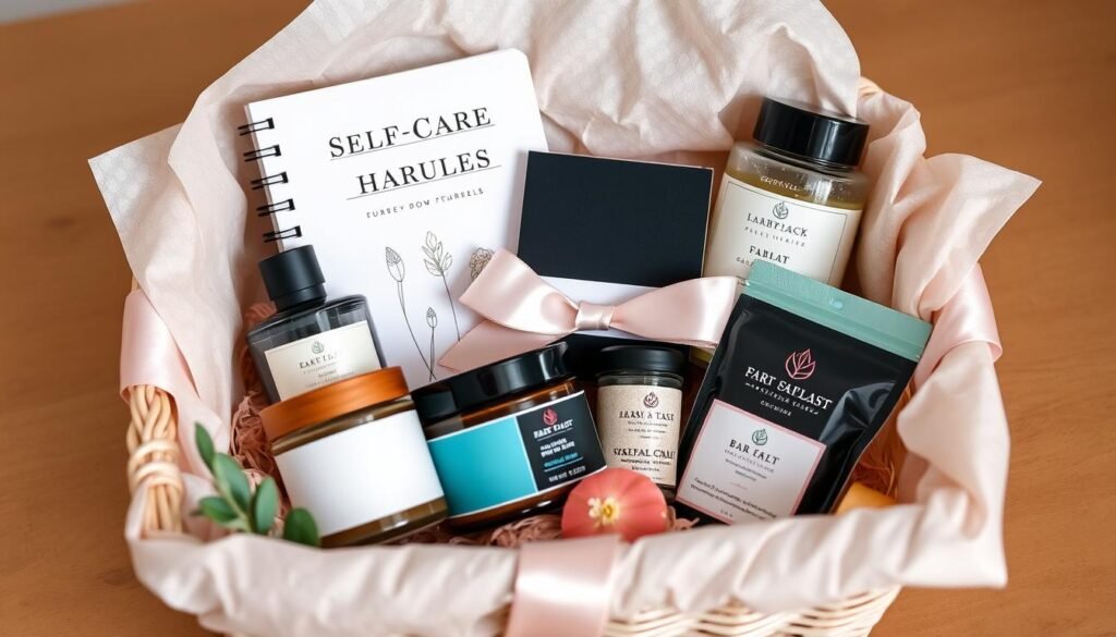 Self-care gift basket with journal, candles, tea, and wellness items arranged in a decorative basket