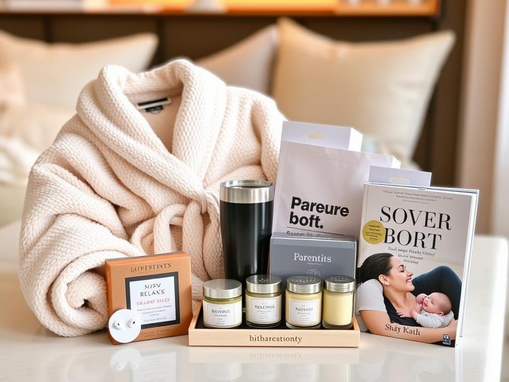Self-care gifts for new parents including comfortable robe, insulated tumbler, and relaxation items