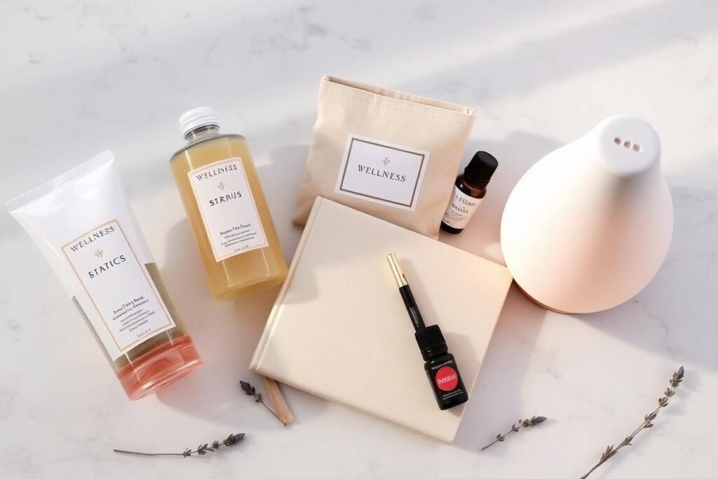 Self-care gifts including bath products, wellness journal, and aromatherapy diffuser