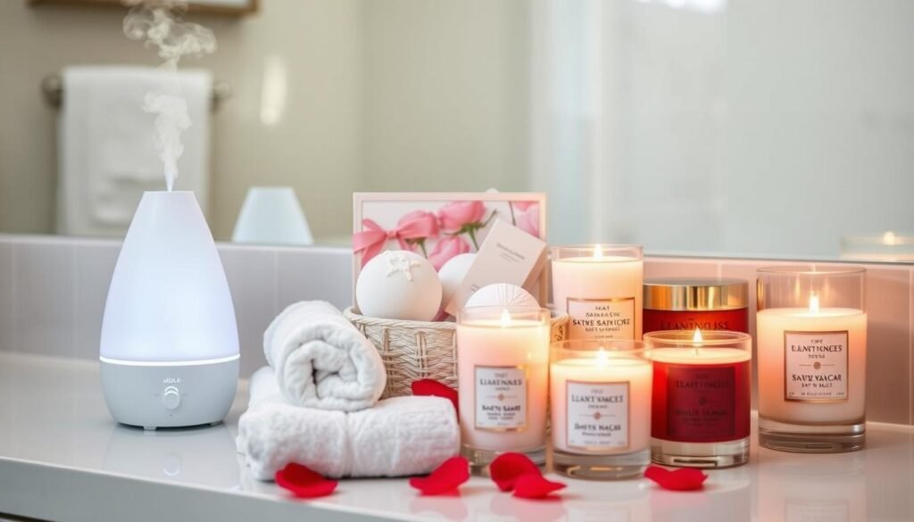Self-care last minute valentines gifts including an essential oil diffuser, luxury bath set, and scented candles arranged in a bathroom setting