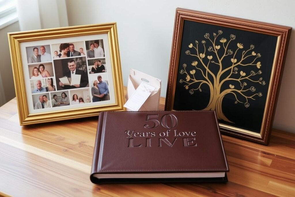 Sentimental 50th anniversary gifts including photo collages, memory books, and family tree artwork