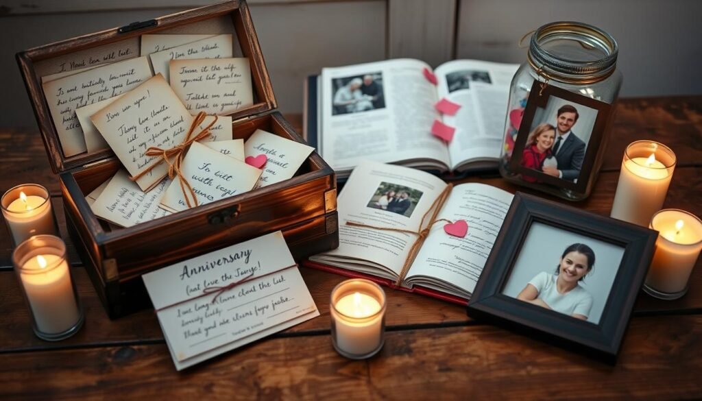 Sentimental anniversary gifts including love letters and memory items